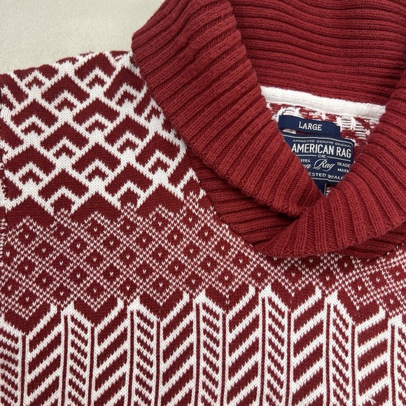 American Rag Sweater Mens Size Large Red Ivory Shawl Collar 100% Cotton Pullover - Picture 2 of 7